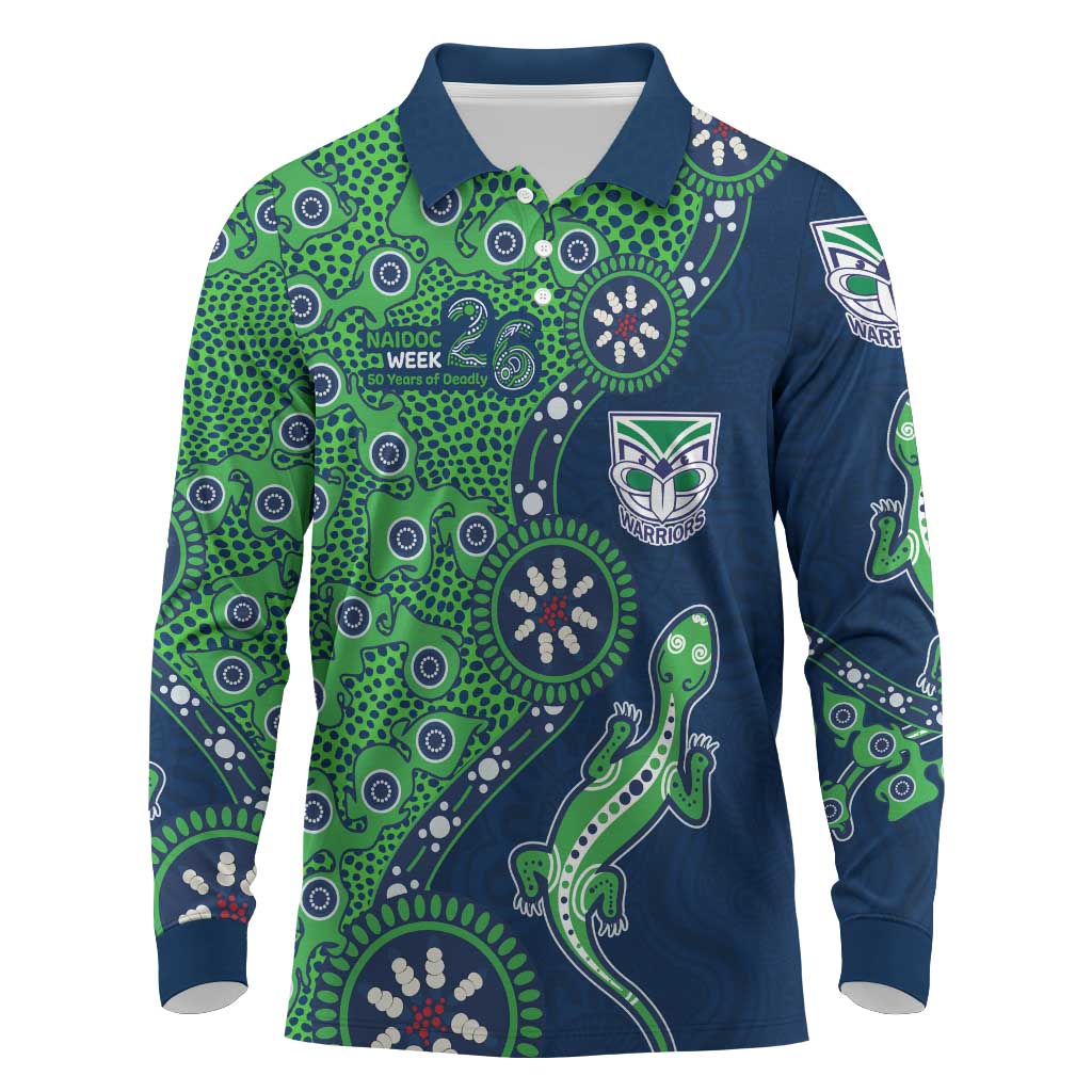 New Zealand Warriors NAIDOC Week 2026 Long Sleeve Polo Shirt Aboriginal Lizard Dot Painting - 50 Years of Deadly