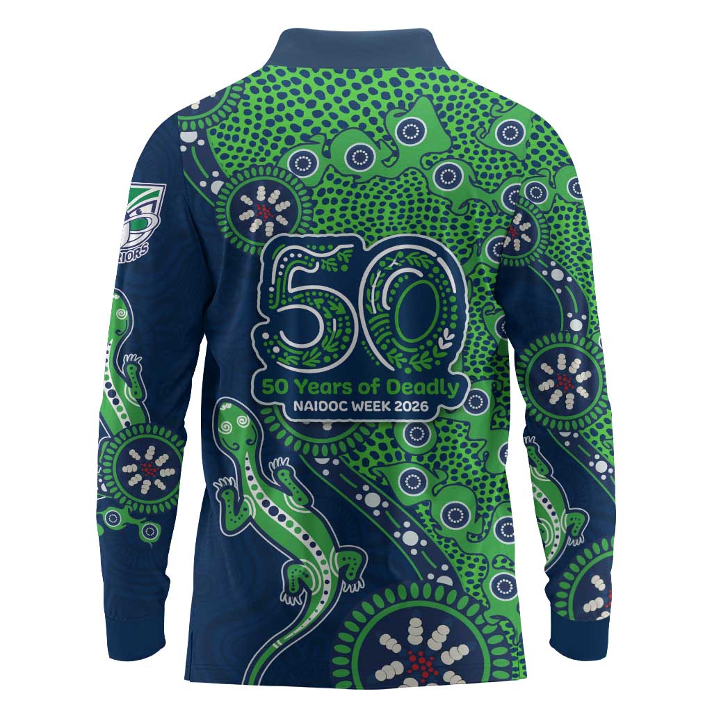 New Zealand Warriors NAIDOC Week 2026 Long Sleeve Polo Shirt Aboriginal Lizard Dot Painting - 50 Years of Deadly