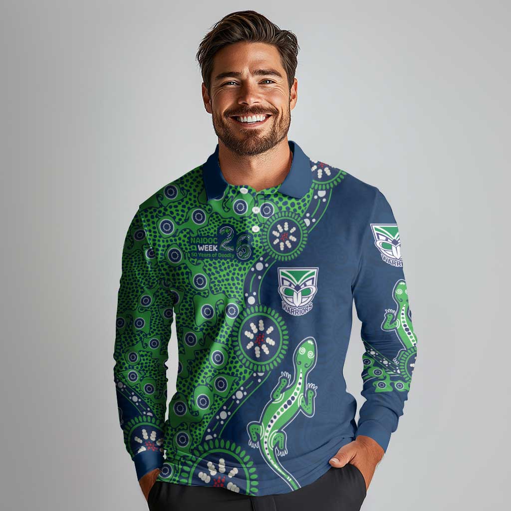 New Zealand Warriors NAIDOC Week 2026 Long Sleeve Polo Shirt Aboriginal Lizard Dot Painting - 50 Years of Deadly