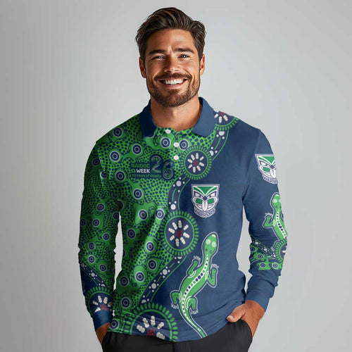 New Zealand Warriors NAIDOC Week 2026 Long Sleeve Polo Shirt Aboriginal Lizard Dot Painting - 50 Years of Deadly