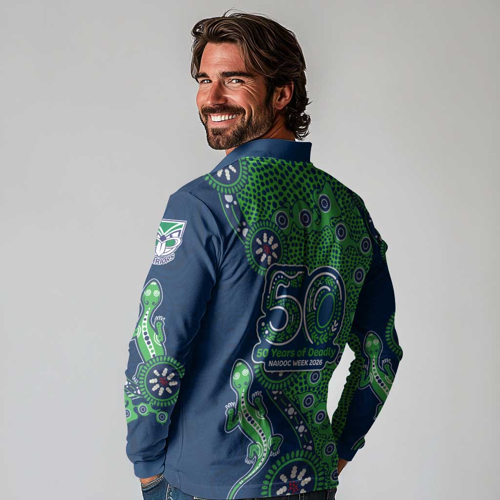 New Zealand Warriors NAIDOC Week 2026 Long Sleeve Polo Shirt Aboriginal Lizard Dot Painting - 50 Years of Deadly