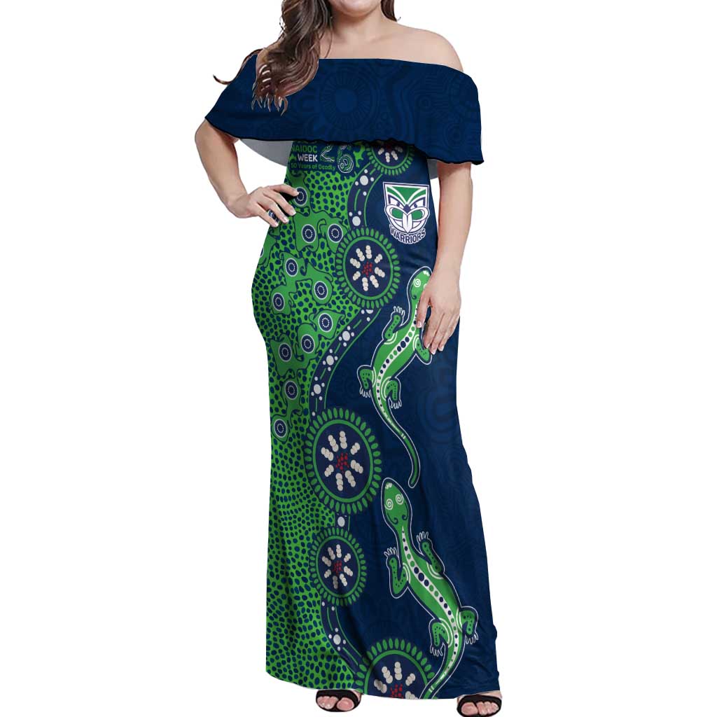 New Zealand Warriors NAIDOC Week 2026 Off Shoulder Maxi Dress Aboriginal Lizard Dot Painting - 50 Years of Deadly