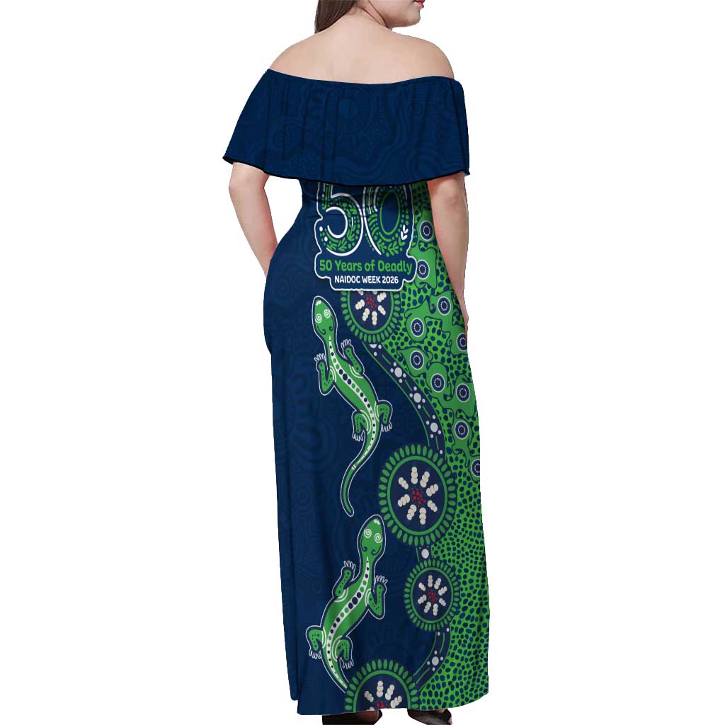 New Zealand Warriors NAIDOC Week 2026 Off Shoulder Maxi Dress Aboriginal Lizard Dot Painting - 50 Years of Deadly