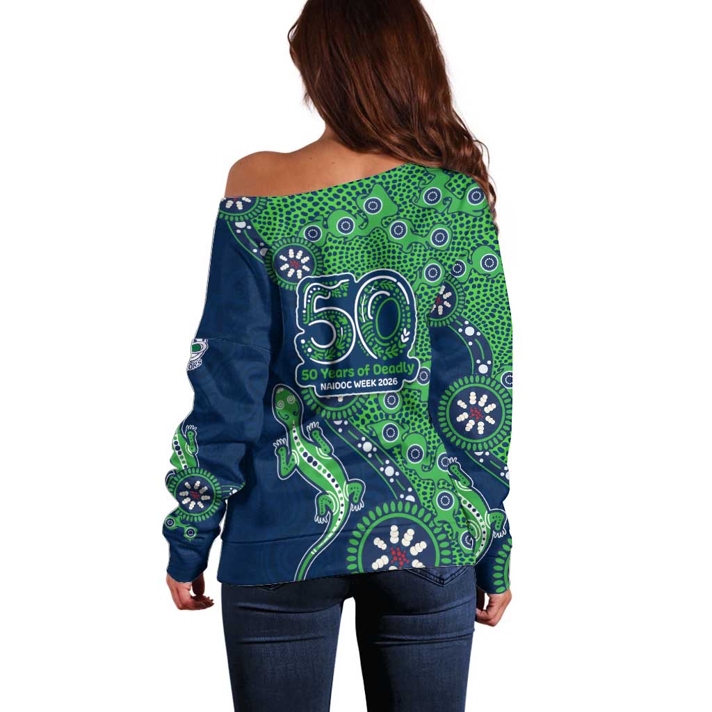 New Zealand Warriors NAIDOC Week 2026 Off Shoulder Sweater Aboriginal Lizard Dot Painting - 50 Years of Deadly