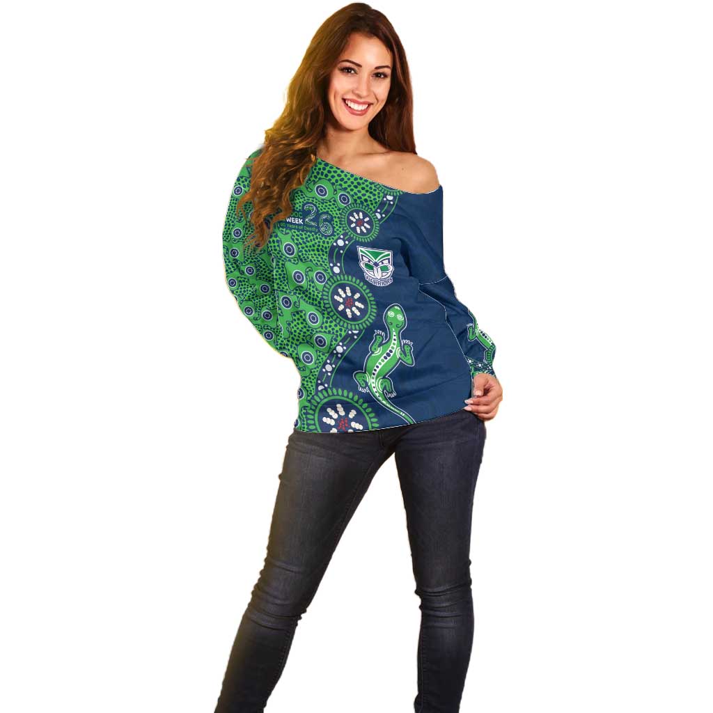 New Zealand Warriors NAIDOC Week 2026 Off Shoulder Sweater Aboriginal Lizard Dot Painting - 50 Years of Deadly