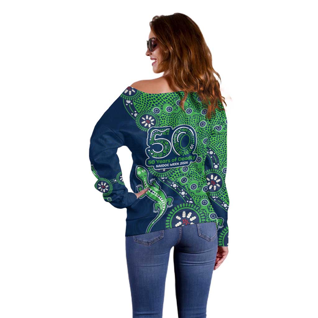 New Zealand Warriors NAIDOC Week 2026 Off Shoulder Sweater Aboriginal Lizard Dot Painting - 50 Years of Deadly