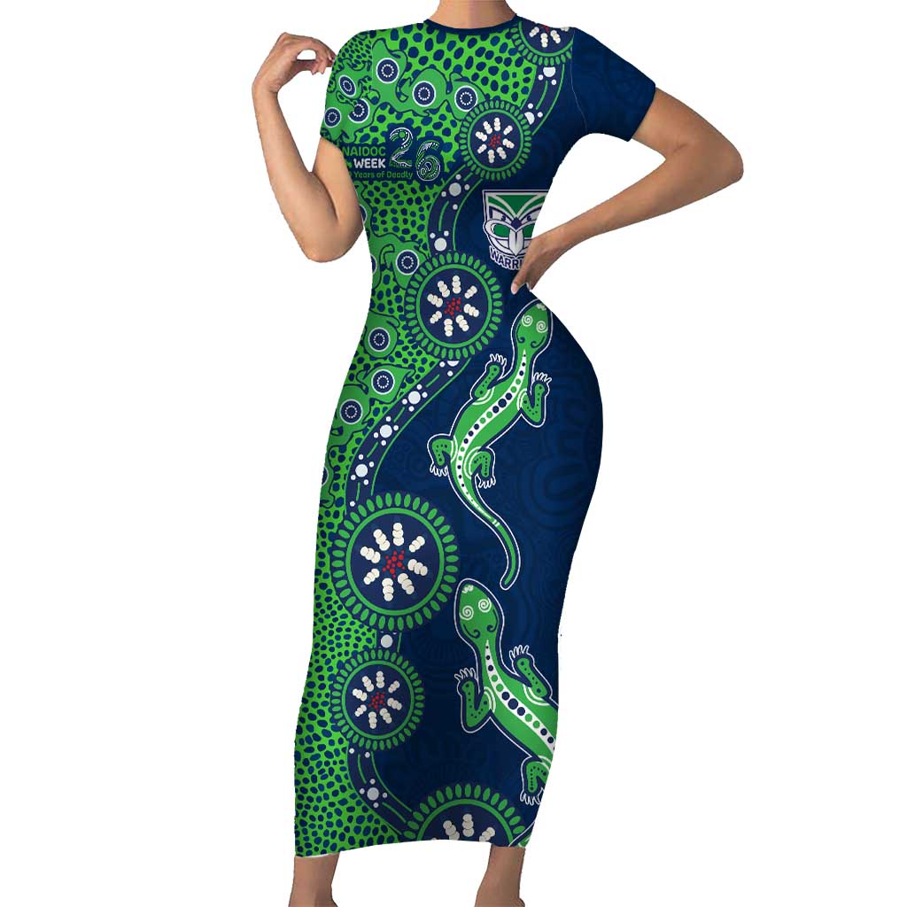 New Zealand Warriors NAIDOC Week 2026 Short Sleeve Bodycon Dress Aboriginal Lizard Dot Painting - 50 Years of Deadly