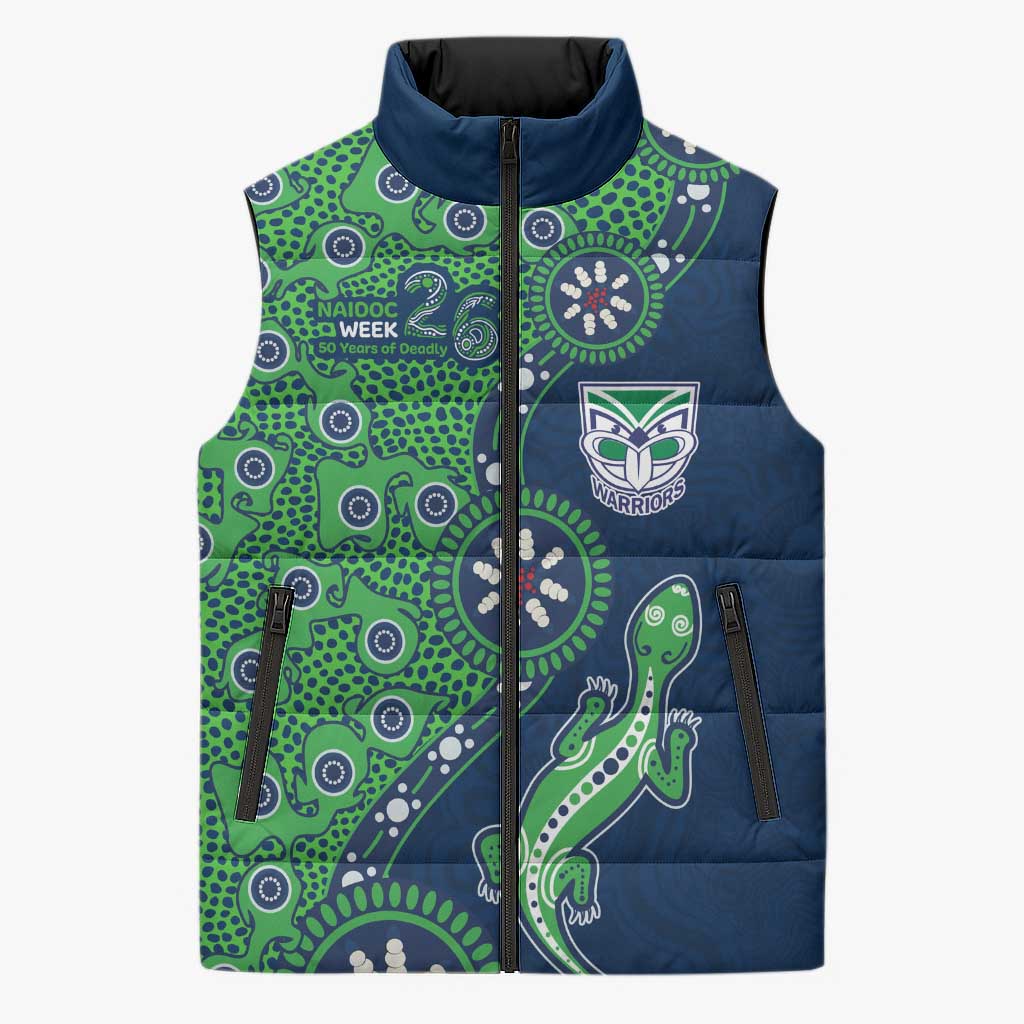 New Zealand Warriors NAIDOC Week 2026 Sleeveless Puffer Jacket Aboriginal Lizard Dot Painting - 50 Years of Deadly