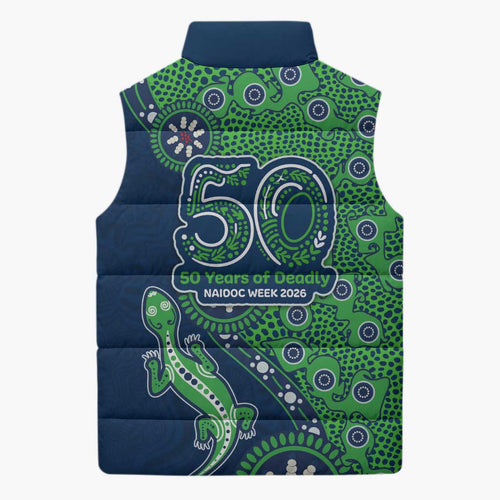New Zealand Warriors NAIDOC Week 2026 Sleeveless Puffer Jacket Aboriginal Lizard Dot Painting - 50 Years of Deadly
