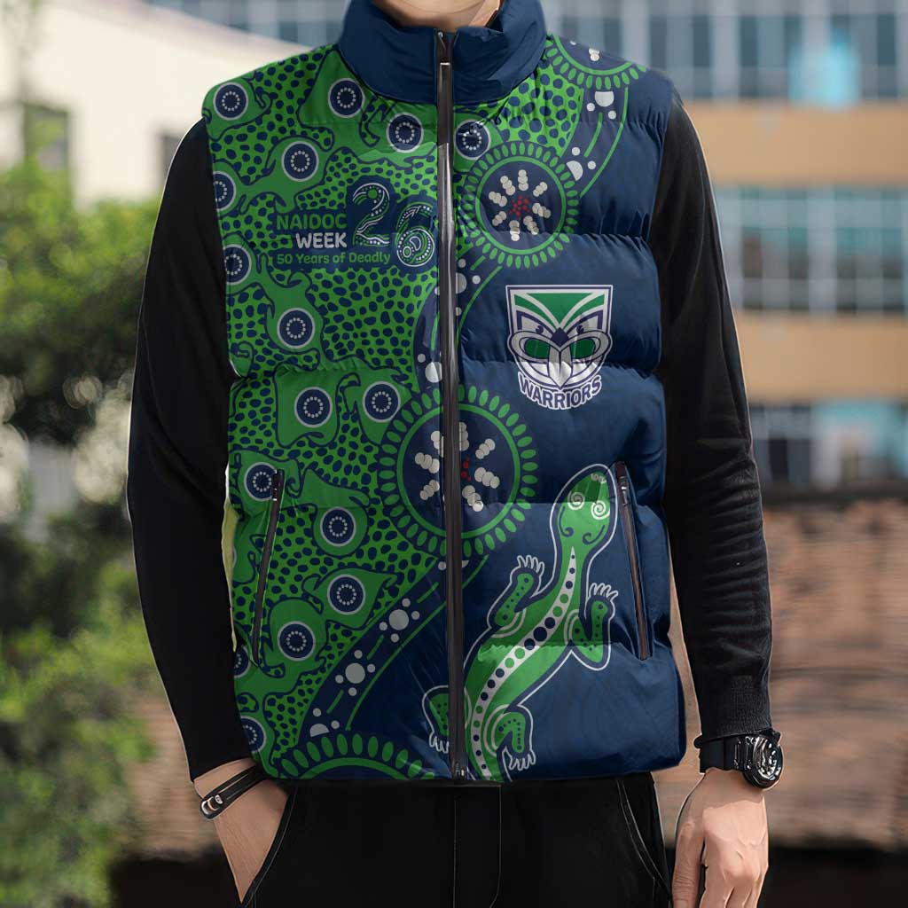 New Zealand Warriors NAIDOC Week 2026 Sleeveless Puffer Jacket Aboriginal Lizard Dot Painting - 50 Years of Deadly