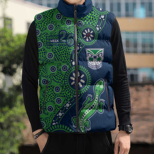 New Zealand Warriors NAIDOC Week 2026 Sleeveless Puffer Jacket Aboriginal Lizard Dot Painting - 50 Years of Deadly