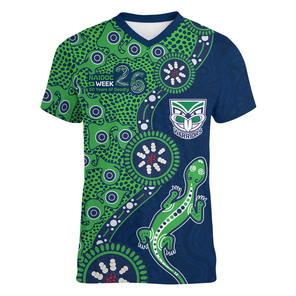 New Zealand Warriors NAIDOC Week 2026 Women V-Neck T-Shirt Aboriginal Lizard Dot Painting - 50 Years of Deadly