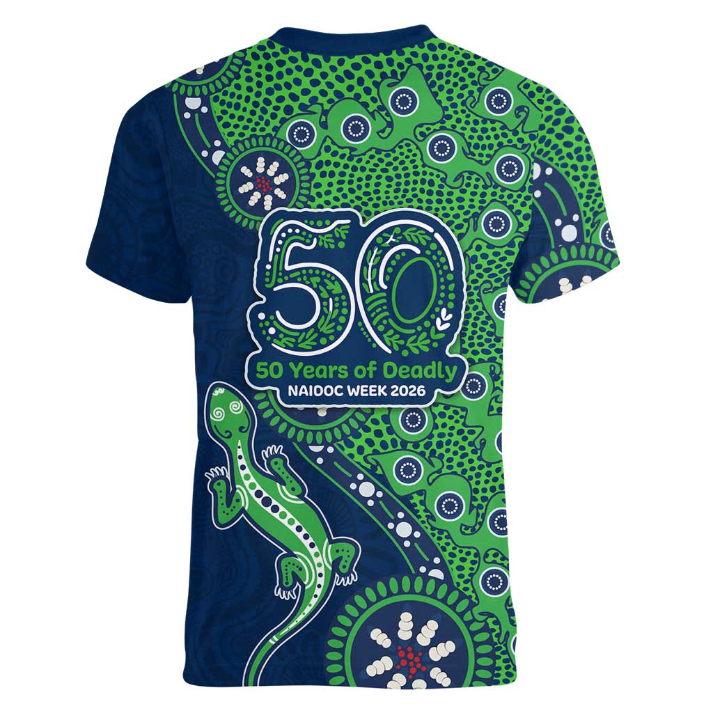 New Zealand Warriors NAIDOC Week 2026 Women V-Neck T-Shirt Aboriginal Lizard Dot Painting - 50 Years of Deadly