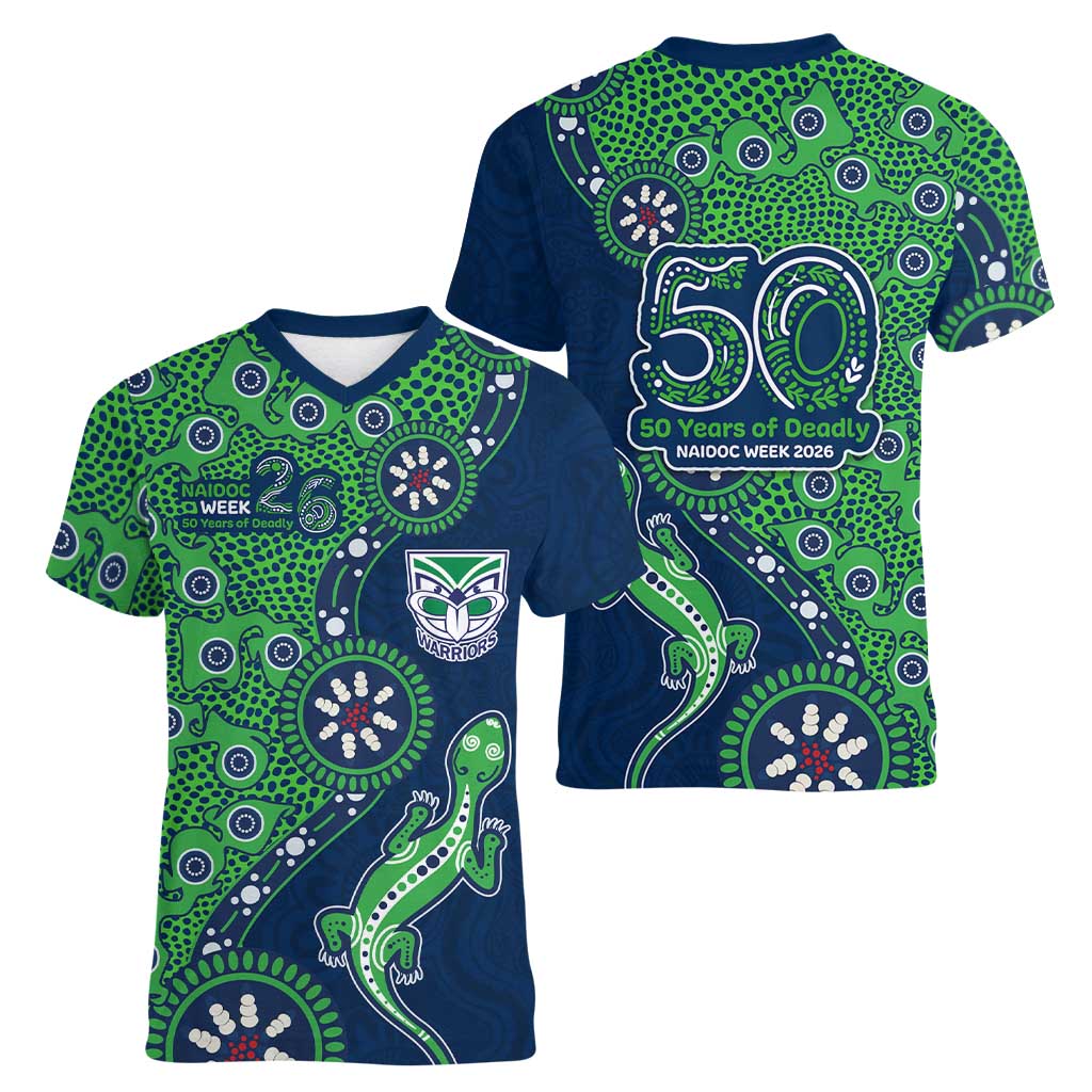 New Zealand Warriors NAIDOC Week 2026 Women V-Neck T-Shirt Aboriginal Lizard Dot Painting - 50 Years of Deadly