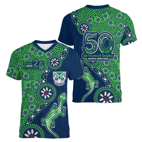 New Zealand Warriors NAIDOC Week 2026 Women V-Neck T-Shirt Aboriginal Lizard Dot Painting - 50 Years of Deadly
