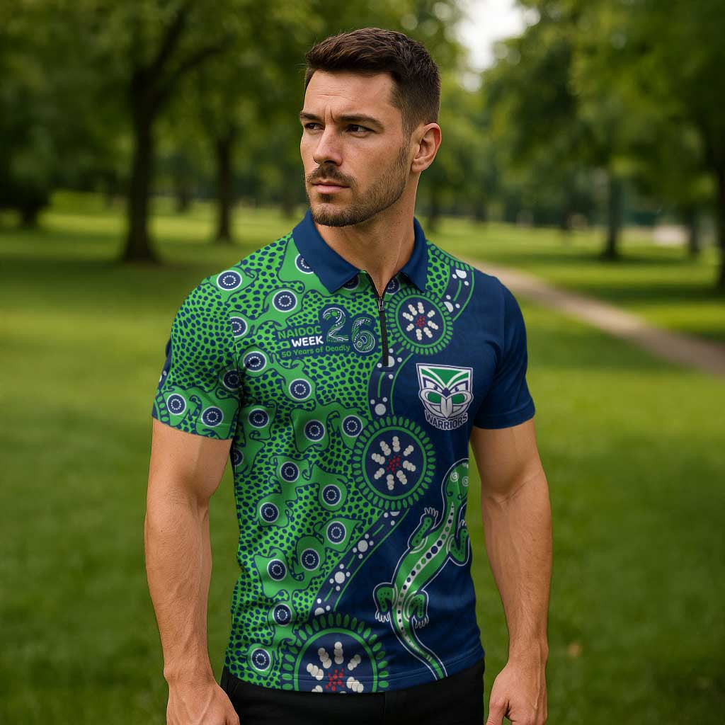 New Zealand Warriors NAIDOC Week 2026 Zipper Polo Shirt Aboriginal Lizard Dot Painting - 50 Years of Deadly