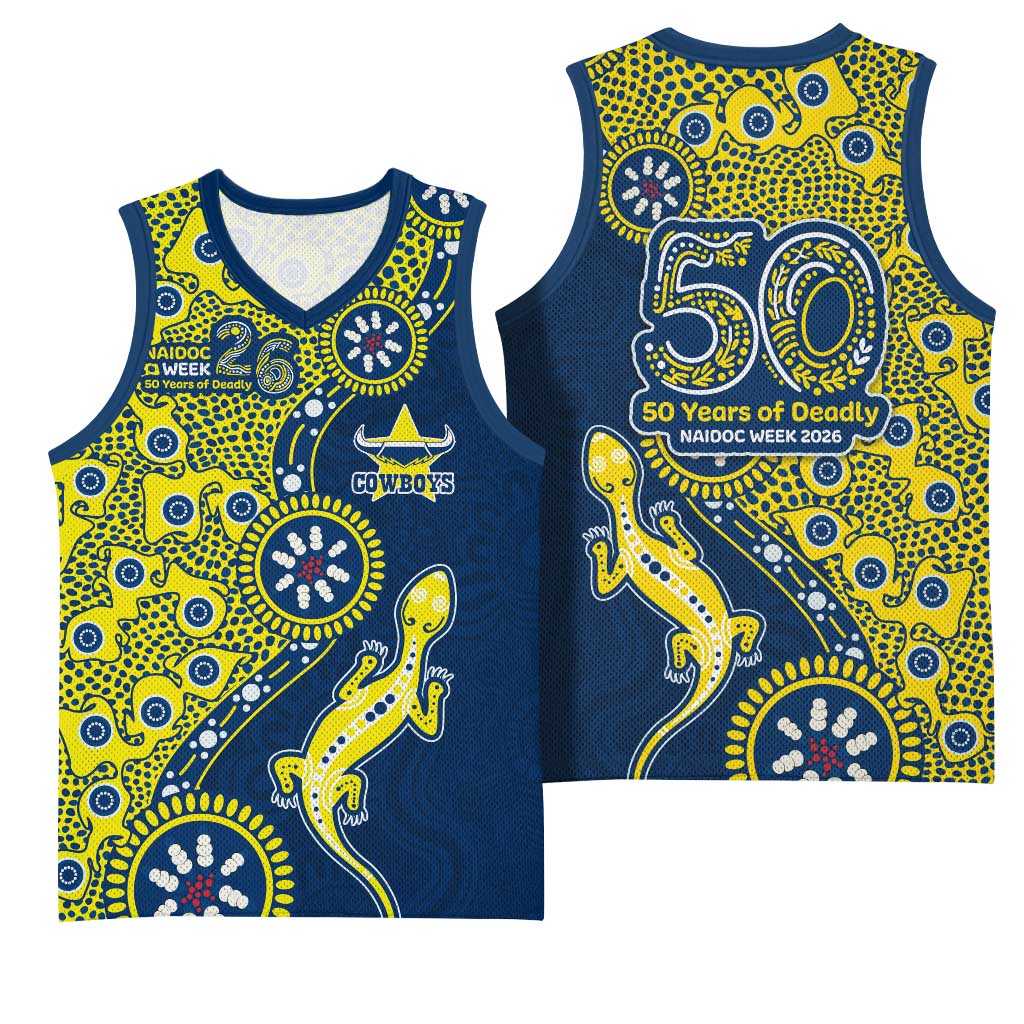 North Queensland Cowboys NAIDOC Week 2026 Basketball Jersey Aboriginal Lizard Dot Painting - 50 Years of Deadly