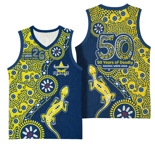 North Queensland Cowboys NAIDOC Week 2026 Basketball Jersey Aboriginal Lizard Dot Painting - 50 Years of Deadly