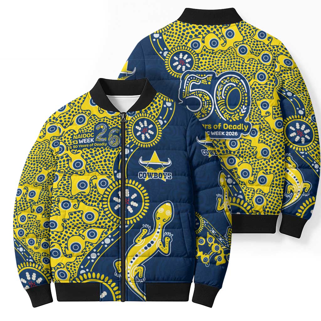 North Queensland Cowboys NAIDOC Week 2026 Bomber Puffer Jacket Aboriginal Lizard Dot Painting - 50 Years of Deadly