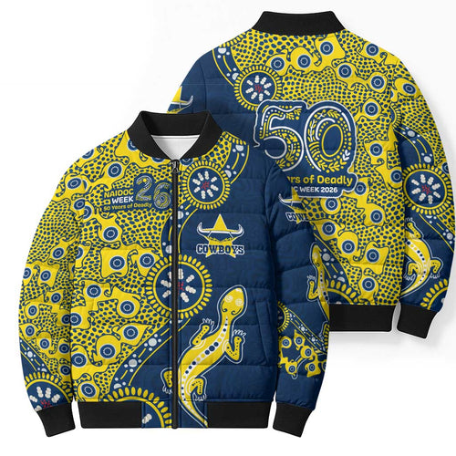 North Queensland Cowboys NAIDOC Week 2026 Bomber Puffer Jacket Aboriginal Lizard Dot Painting - 50 Years of Deadly