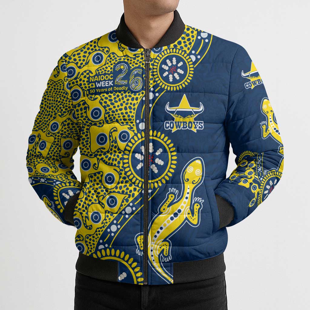 North Queensland Cowboys NAIDOC Week 2026 Bomber Puffer Jacket Aboriginal Lizard Dot Painting - 50 Years of Deadly