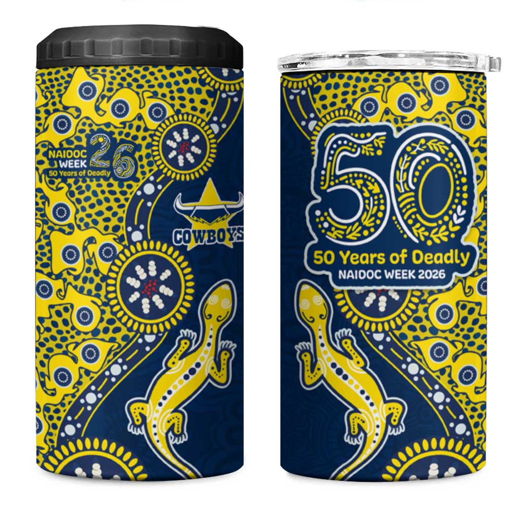 North Queensland Cowboys NAIDOC Week 2026 4 in 1 Can Cooler Tumbler Aboriginal Lizard Dot Painting - 50 Years of Deadly