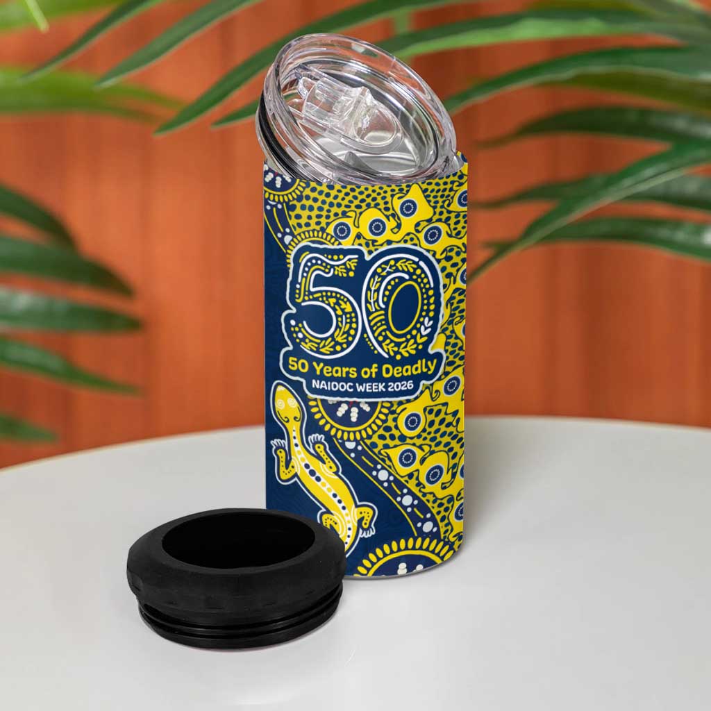 North Queensland Cowboys NAIDOC Week 2026 4 in 1 Can Cooler Tumbler Aboriginal Lizard Dot Painting - 50 Years of Deadly
