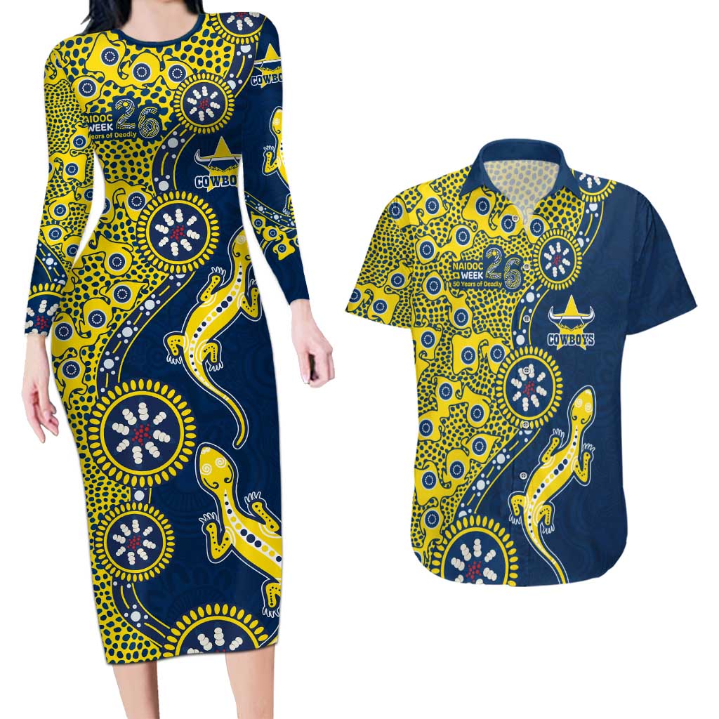 North Queensland Cowboys NAIDOC Week 2026 Couples Matching Long Sleeve Bodycon Dress and Hawaiian Shirt Aboriginal Lizard Dot Painting - 50 Years of Deadly