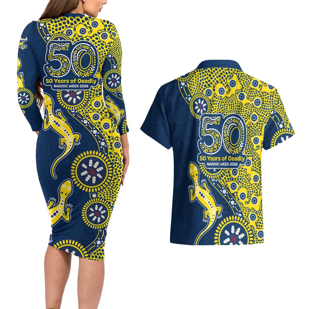 North Queensland Cowboys NAIDOC Week 2026 Couples Matching Long Sleeve Bodycon Dress and Hawaiian Shirt Aboriginal Lizard Dot Painting - 50 Years of Deadly