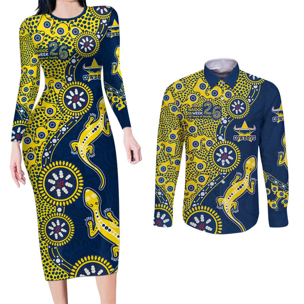 North Queensland Cowboys NAIDOC Week 2026 Couples Matching Long Sleeve Bodycon Dress and Long Sleeve Button Shirt Aboriginal Lizard Dot Painting - 50 Years of Deadly