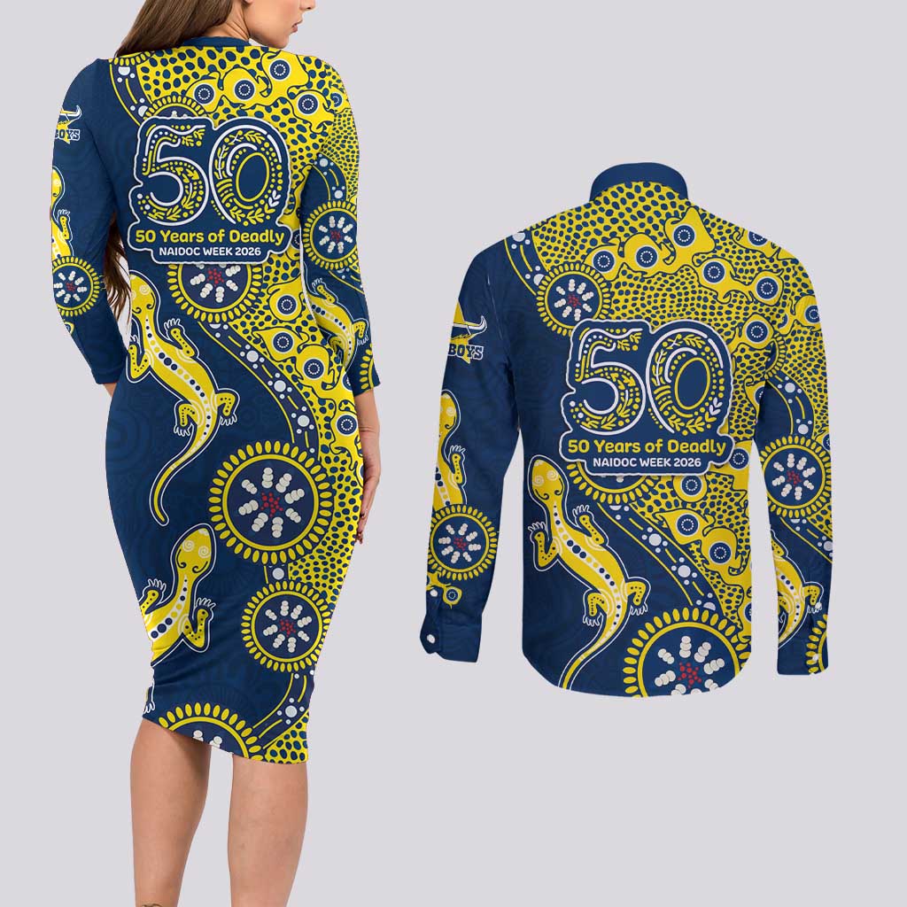 North Queensland Cowboys NAIDOC Week 2026 Couples Matching Long Sleeve Bodycon Dress and Long Sleeve Button Shirt Aboriginal Lizard Dot Painting - 50 Years of Deadly