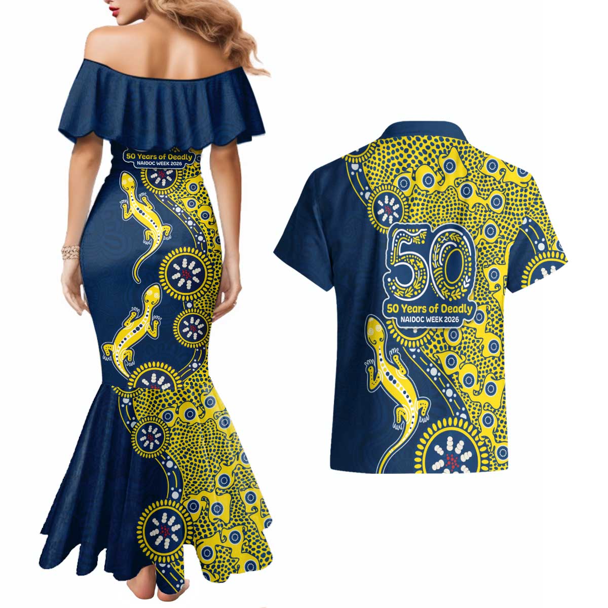 North Queensland Cowboys NAIDOC Week 2026 Couples Matching Mermaid Dress and Hawaiian Shirt Aboriginal Lizard Dot Painting - 50 Years of Deadly