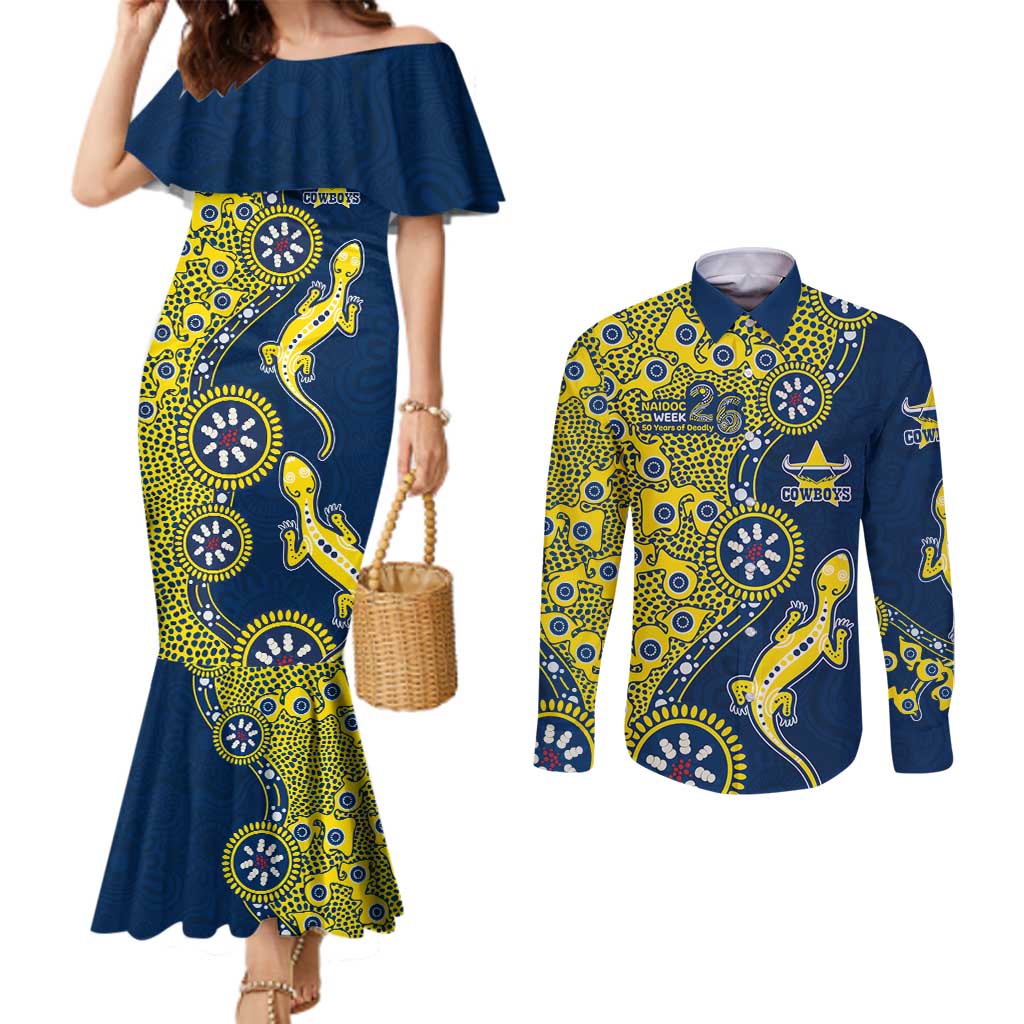 North Queensland Cowboys NAIDOC Week 2026 Couples Matching Mermaid Dress and Long Sleeve Button Shirt Aboriginal Lizard Dot Painting - 50 Years of Deadly