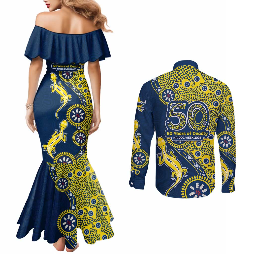 North Queensland Cowboys NAIDOC Week 2026 Couples Matching Mermaid Dress and Long Sleeve Button Shirt Aboriginal Lizard Dot Painting - 50 Years of Deadly