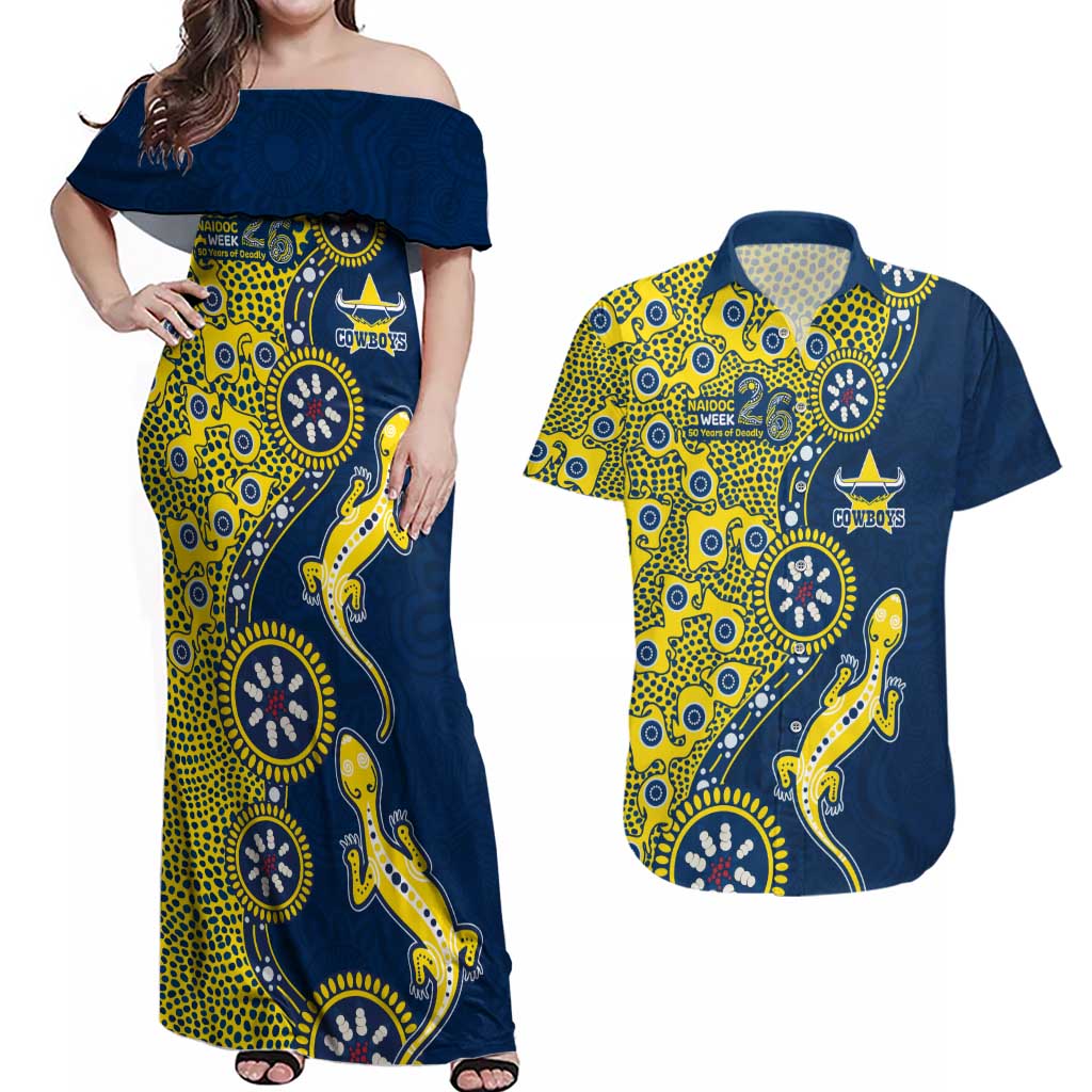 North Queensland Cowboys NAIDOC Week 2026 Couples Matching Off Shoulder Maxi Dress and Hawaiian Shirt Aboriginal Lizard Dot Painting - 50 Years of Deadly