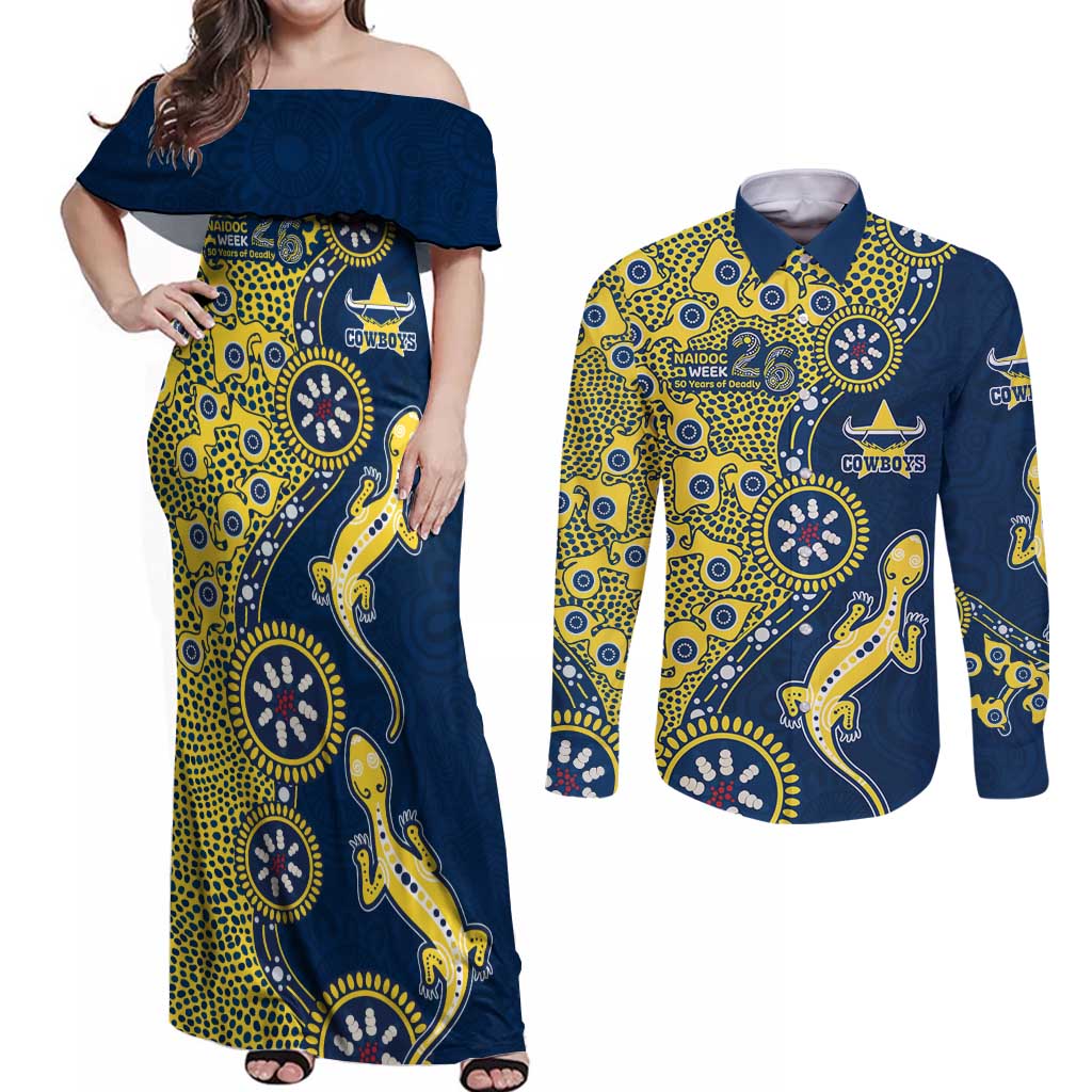 North Queensland Cowboys NAIDOC Week 2026 Couples Matching Off Shoulder Maxi Dress and Long Sleeve Button Shirt Aboriginal Lizard Dot Painting - 50 Years of Deadly