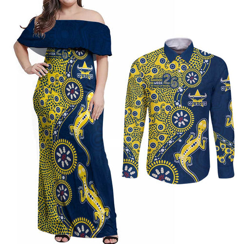 North Queensland Cowboys NAIDOC Week 2026 Couples Matching Off Shoulder Maxi Dress and Long Sleeve Button Shirt Aboriginal Lizard Dot Painting - 50 Years of Deadly