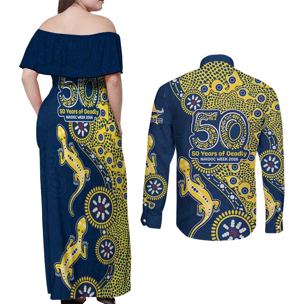 North Queensland Cowboys NAIDOC Week 2026 Couples Matching Off Shoulder Maxi Dress and Long Sleeve Button Shirt Aboriginal Lizard Dot Painting - 50 Years of Deadly