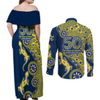 North Queensland Cowboys NAIDOC Week 2026 Couples Matching Off Shoulder Maxi Dress and Long Sleeve Button Shirt Aboriginal Lizard Dot Painting - 50 Years of Deadly