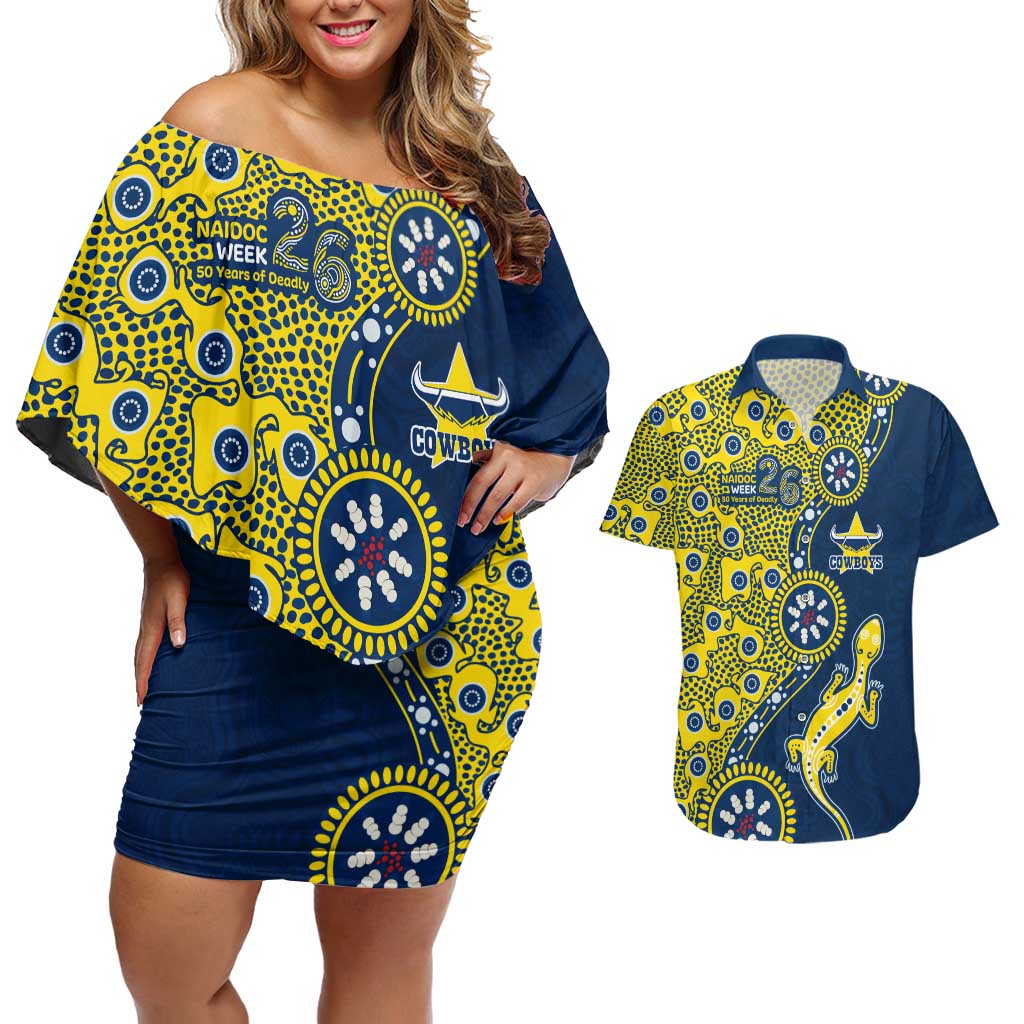 North Queensland Cowboys NAIDOC Week 2026 Couples Matching Off Shoulder Short Dress and Hawaiian Shirt Aboriginal Lizard Dot Painting - 50 Years of Deadly