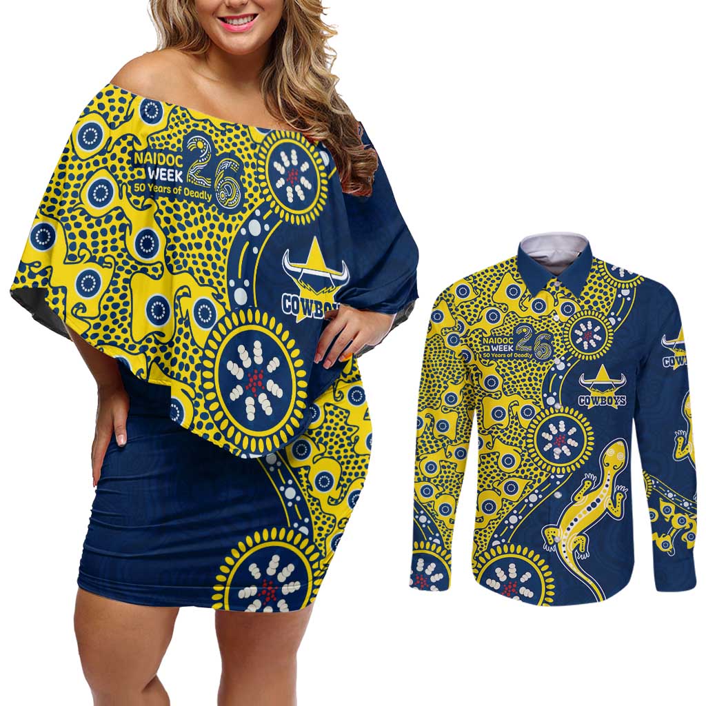 North Queensland Cowboys NAIDOC Week 2026 Couples Matching Off Shoulder Short Dress and Long Sleeve Button Shirt Aboriginal Lizard Dot Painting - 50 Years of Deadly