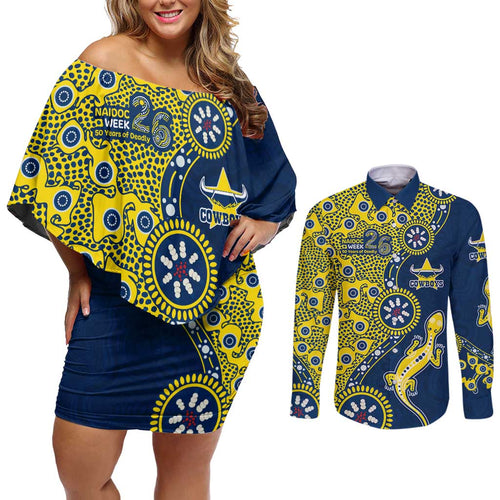 North Queensland Cowboys NAIDOC Week 2026 Couples Matching Off Shoulder Short Dress and Long Sleeve Button Shirt Aboriginal Lizard Dot Painting - 50 Years of Deadly