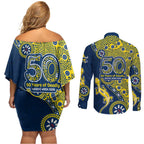 North Queensland Cowboys NAIDOC Week 2026 Couples Matching Off Shoulder Short Dress and Long Sleeve Button Shirt Aboriginal Lizard Dot Painting - 50 Years of Deadly