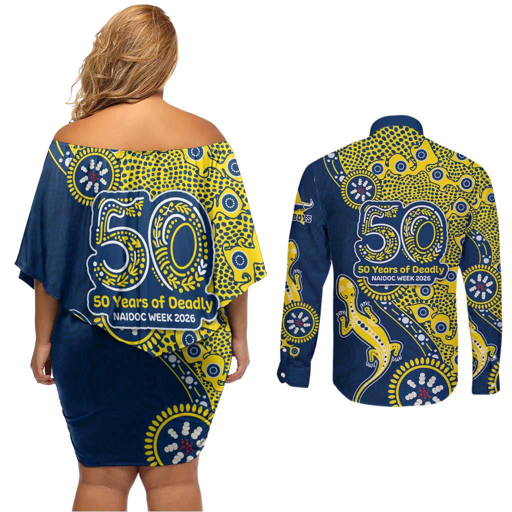North Queensland Cowboys NAIDOC Week 2026 Couples Matching Off Shoulder Short Dress and Long Sleeve Button Shirt Aboriginal Lizard Dot Painting - 50 Years of Deadly