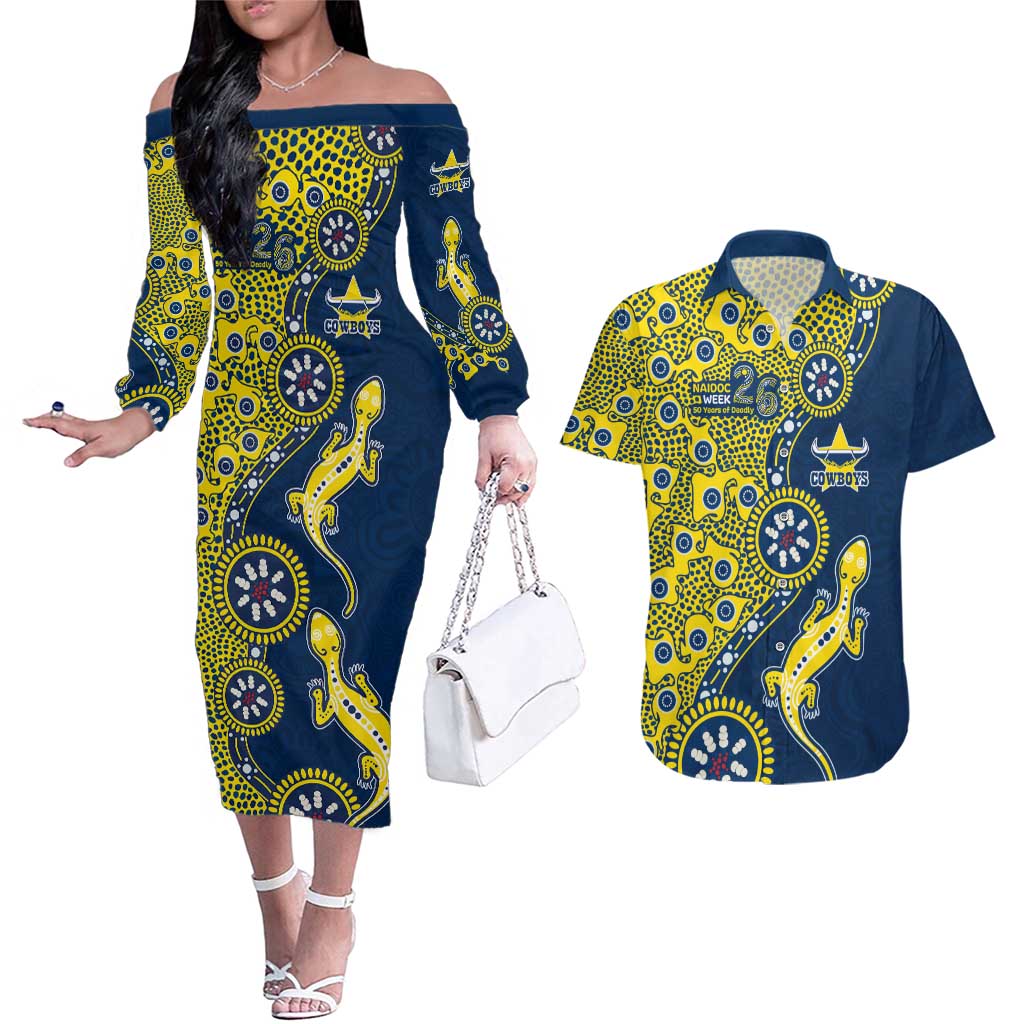 North Queensland Cowboys NAIDOC Week 2026 Couples Matching Off The Shoulder Long Sleeve Dress and Hawaiian Shirt Aboriginal Lizard Dot Painting - 50 Years of Deadly