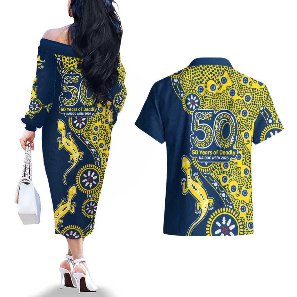 North Queensland Cowboys NAIDOC Week 2026 Couples Matching Off The Shoulder Long Sleeve Dress and Hawaiian Shirt Aboriginal Lizard Dot Painting - 50 Years of Deadly