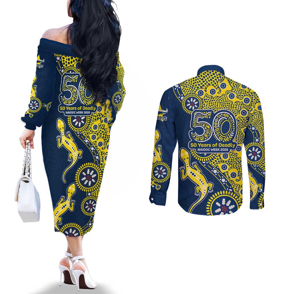 North Queensland Cowboys NAIDOC Week 2026 Couples Matching Off The Shoulder Long Sleeve Dress and Long Sleeve Button Shirt Aboriginal Lizard Dot Painting - 50 Years of Deadly