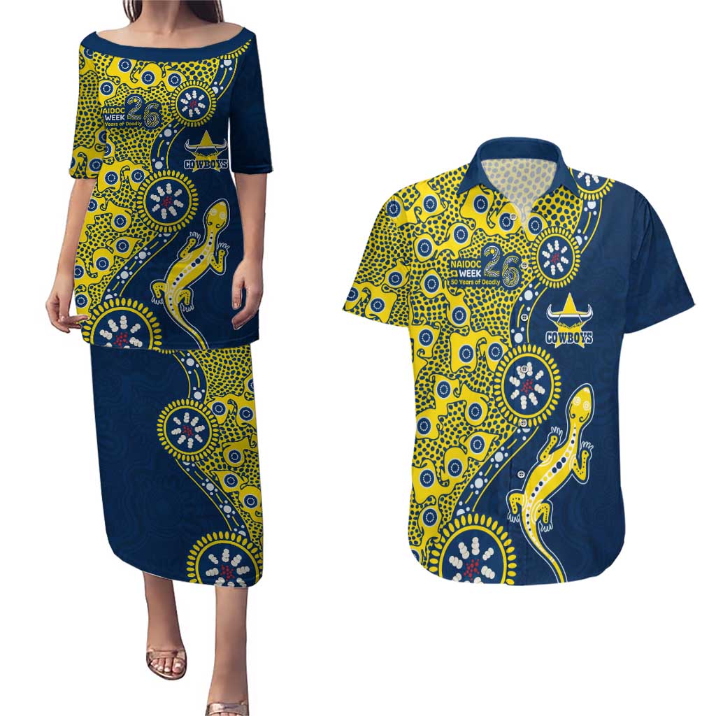 North Queensland Cowboys NAIDOC Week 2026 Couples Matching Puletasi and Hawaiian Shirt Aboriginal Lizard Dot Painting - 50 Years of Deadly