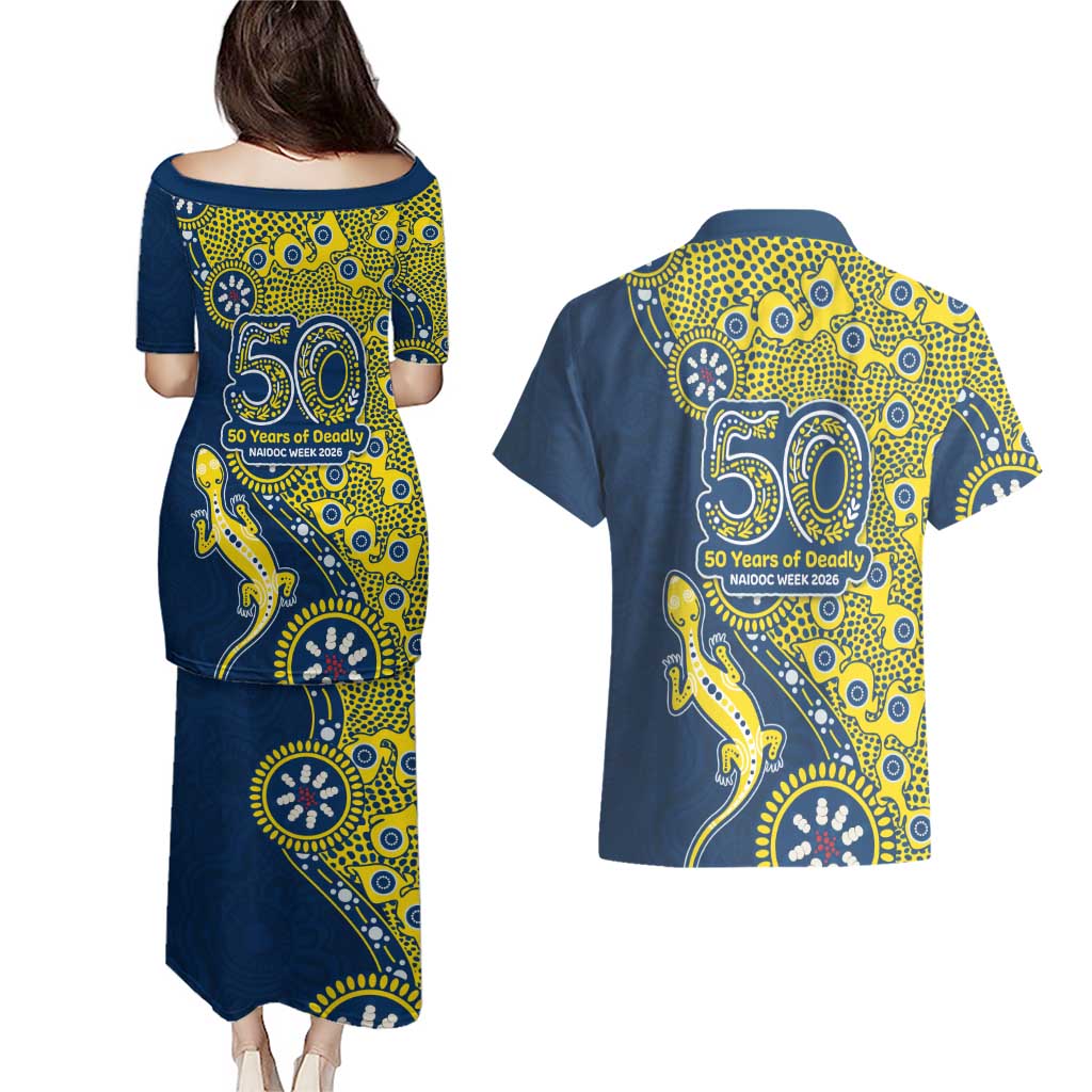 North Queensland Cowboys NAIDOC Week 2026 Couples Matching Puletasi and Hawaiian Shirt Aboriginal Lizard Dot Painting - 50 Years of Deadly