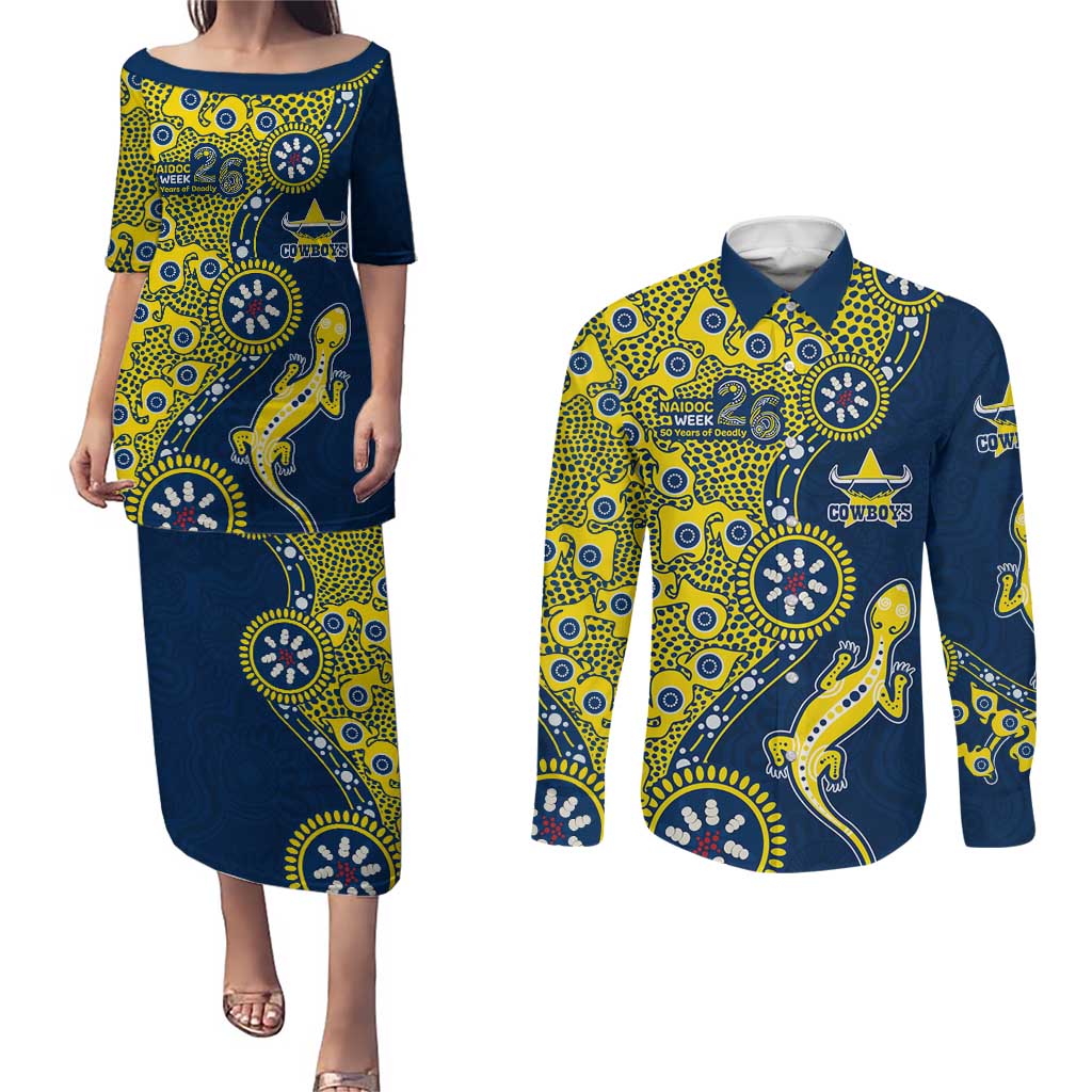 North Queensland Cowboys NAIDOC Week 2026 Couples Matching Puletasi and Long Sleeve Button Shirt Aboriginal Lizard Dot Painting - 50 Years of Deadly